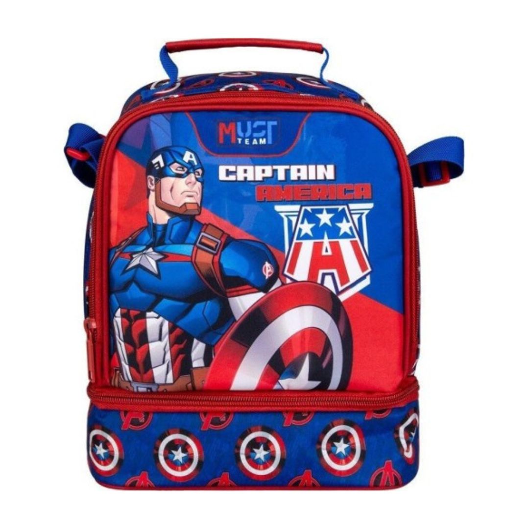 Captain America themed lunch bag featuring a graphic of the Marvel character on the front, with red and blue handles and a pattern of shield emblems along the bottom.