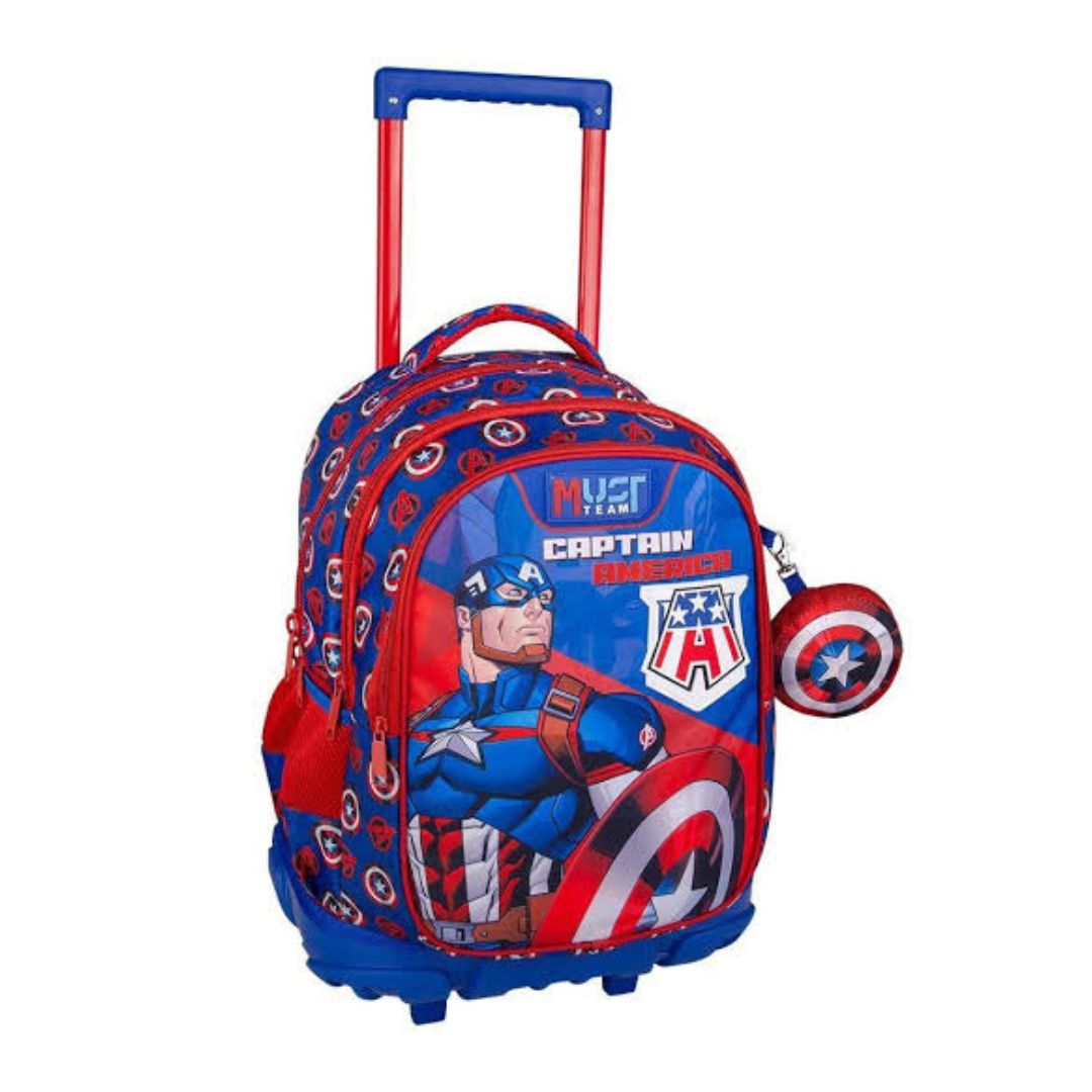 Captain America themed rolling backpack with an extendable handle, featuring a red, white, and blue design with character graphics and a matching side pouch, shown on a plain white background.