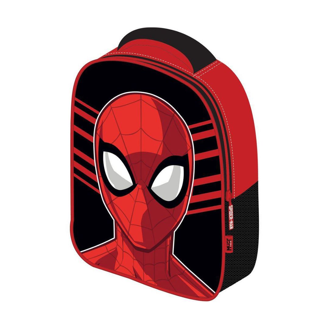 A red and black Spider-Man themed lunch bag featuring a large graphic of Spider-Man's face on the front, shown on a plain white background.