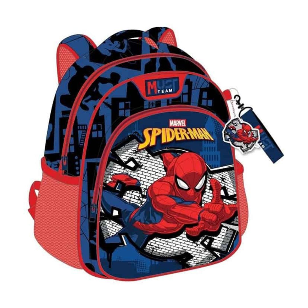 Marvel Spider-Man school backpack with a red and blue comic print featuring Spider-Man, a keychain, and a Marvel Team logo patch on a white background.
