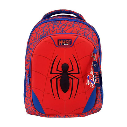 A red and blue Spider-Man themed school backpack with a large black spider logo on the front, a 'MUST TEAM' patch, and a Spider-Man keychain charm, shown against a plain white background.