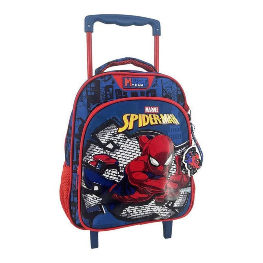 A Marvel Spider-Man themed rolling school bag with an extendable handle, featuring a large graphic of Spider-Man on the front, set against a plain white background.