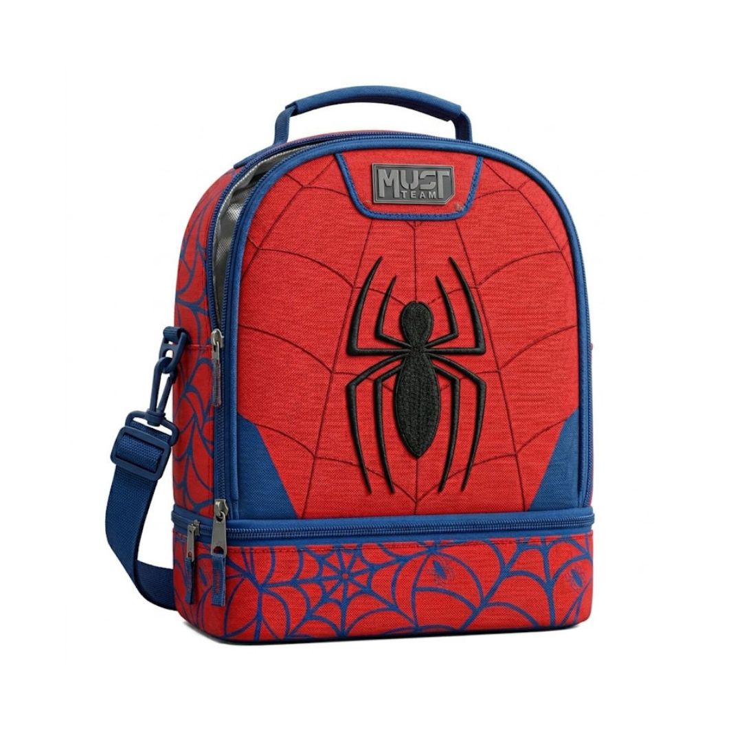 A Marvel Spider-Man themed lunch bag featuring a red and blue web-patterned design with a large black spider emblem on the front, a top handle, and a blue shoulder strap.