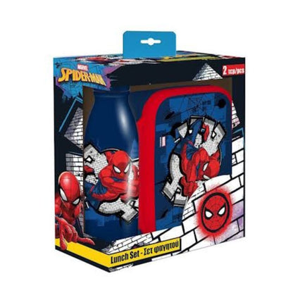 Marvel Spider-Man lunch set in its retail packaging, featuring a blue bottle and a matching lunchbox with Spider-Man graphics.
