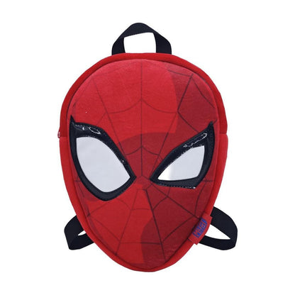 A red and black Spider-Man themed backpack shaped like a mask, featuring white eye cutouts and black straps, shown on a plain white background.
