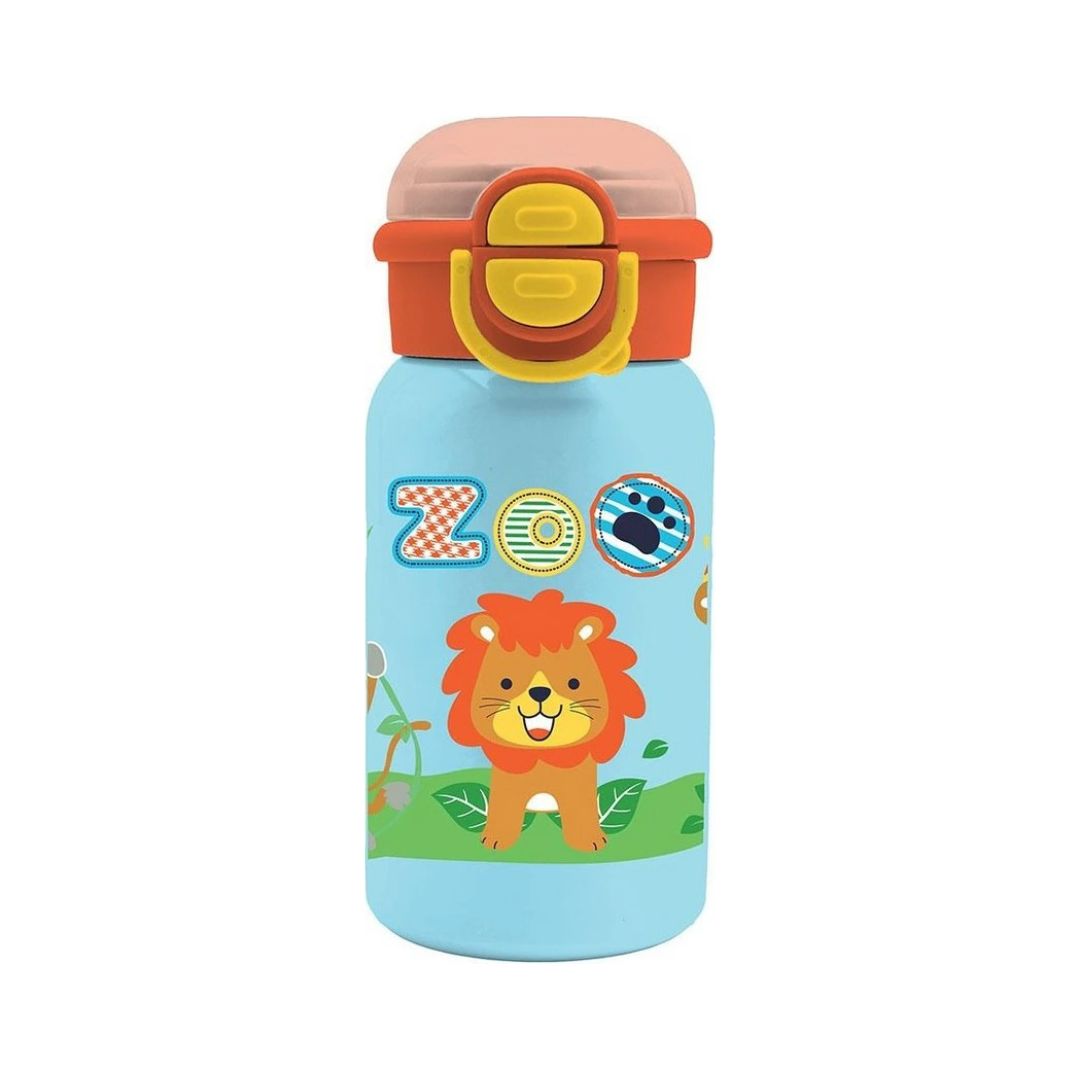 A light blue kids' water bottle with a cartoon lion on the front, featuring a peach and orange lid with a yellow clasp, set against a plain white background.