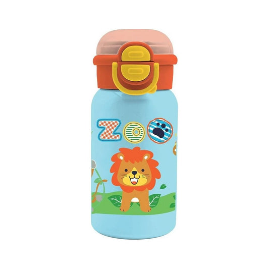 A light blue kids' water bottle with a cartoon lion on the front, featuring a peach and orange lid with a yellow clasp, set against a plain white background.