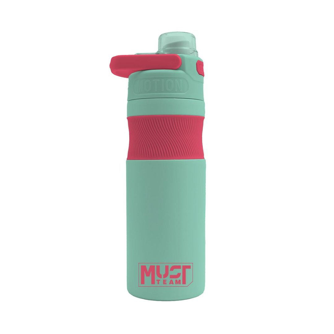 A mint green and hot pink water bottle with a flip-top lid, featuring a textured pink band in the middle and a pink 'MUST TEAM' logo near the bottom, set against a plain white background.