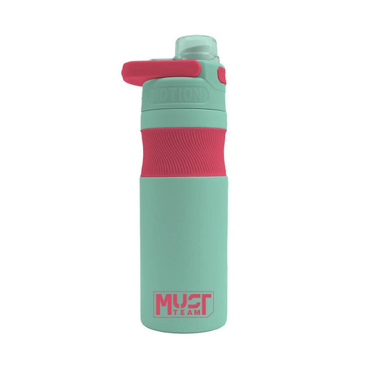 A mint green and hot pink water bottle with a flip-top lid, featuring a textured pink band in the middle and a pink 'MUST TEAM' logo near the bottom, set against a plain white background.