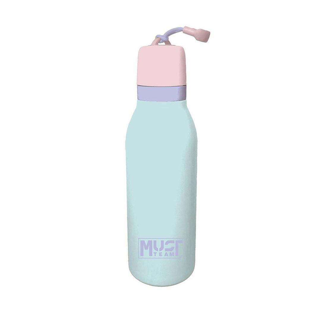 A light mint green insulated water bottle with a pastel pink lid and a lavender band, featuring a purple 'MUST TEAR' logo near the bottom, set against a plain white background.