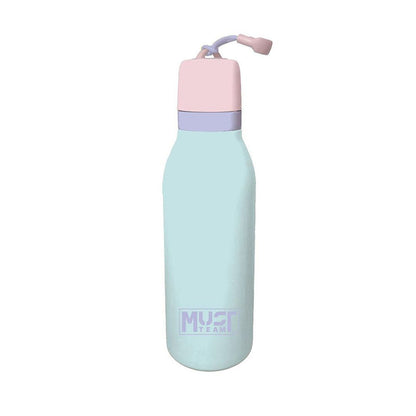 A light mint green insulated water bottle with a pastel pink lid and a lavender band, featuring a purple 'MUST TEAR' logo near the bottom, set against a plain white background.