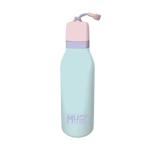 A light mint green insulated water bottle with a pastel pink lid and a lavender band, featuring a purple 'MUST TEAR' logo near the bottom, set against a plain white background.