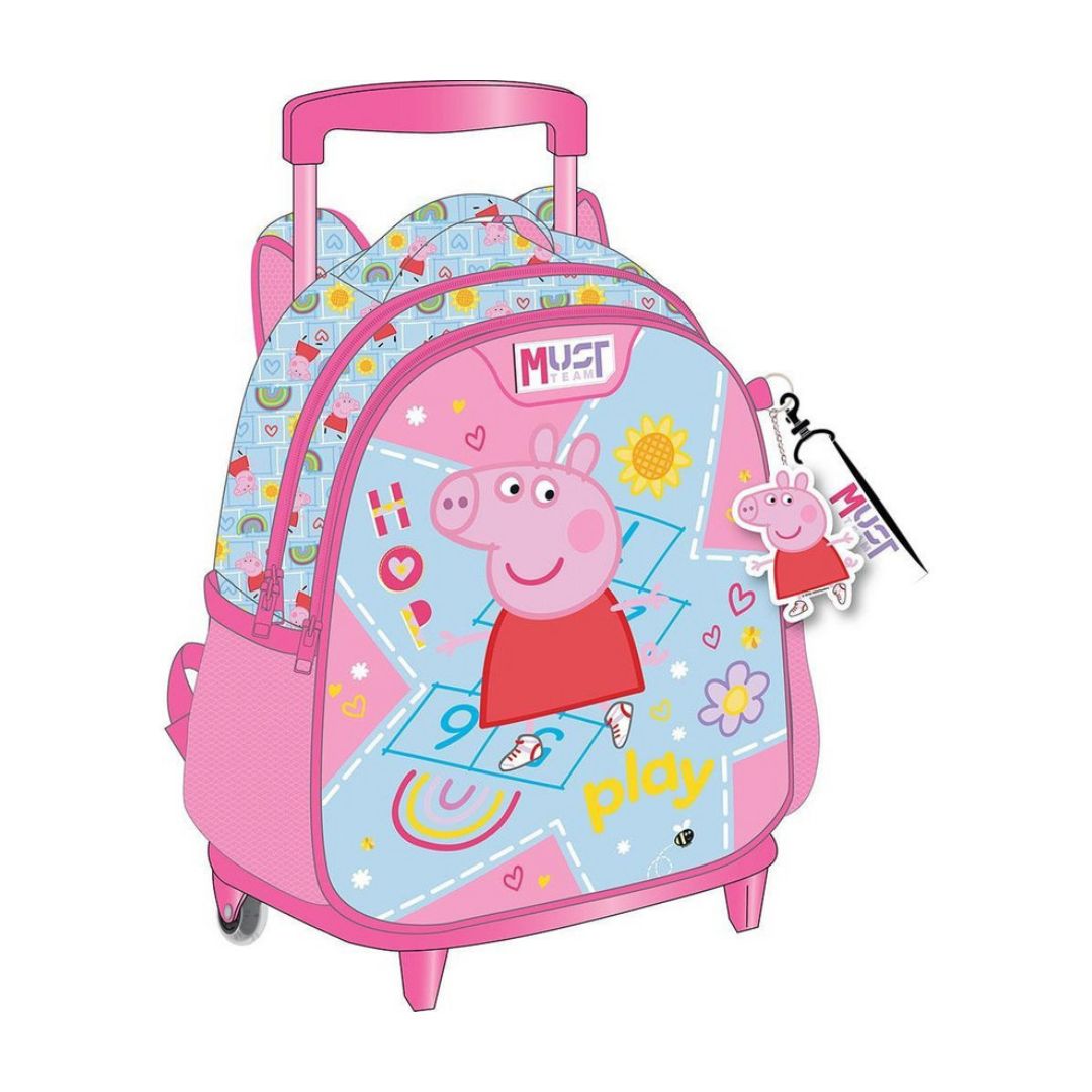 A pink and light blue rolling backpack featuring Peppa Pig graphics, with an extended telescoping handle, wheels, and a small keychain charm.