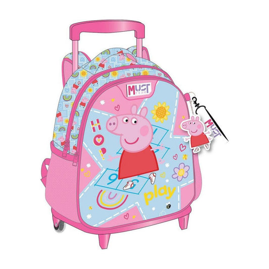 A pink and light blue rolling backpack featuring Peppa Pig graphics, with an extended telescoping handle, wheels, and a small keychain charm.