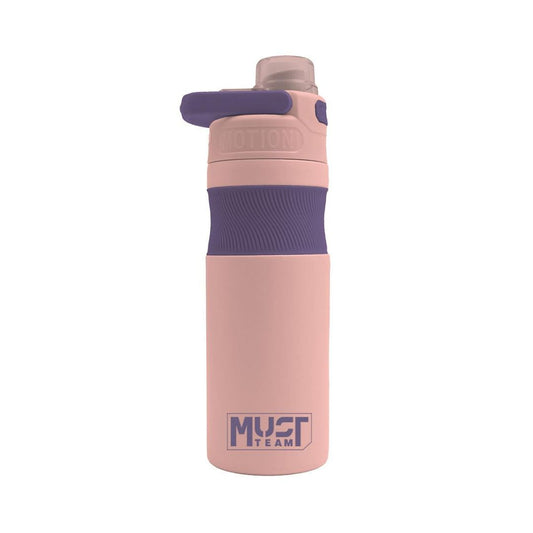 A pink water bottle with a purple textured grip and a purple flip-top lid, featuring the 'MUST TEAM' logo near the bottom, set against a plain white background.