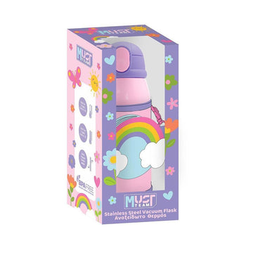 A pink and purple MYST MIND stainless steel vacuum flask with a rainbow and cloud design, shown inside its decorative retail packaging box against a white background.