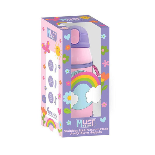 A pink and purple MYST MIND stainless steel vacuum flask with a rainbow and cloud design, shown inside its decorative retail packaging box against a white background.