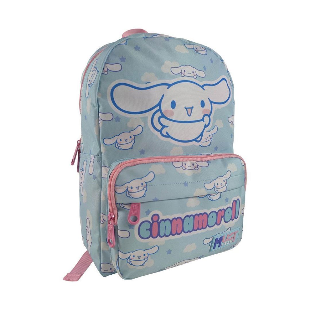 A light blue backpack featuring a repeating Cinnamoroll cartoon pattern, with a large Cinnamoroll face on the front pocket and 'cinnamoroll' written in pink and blue lettering. The backpack has pink zippers and a pink top handle, shown against a plain white background.