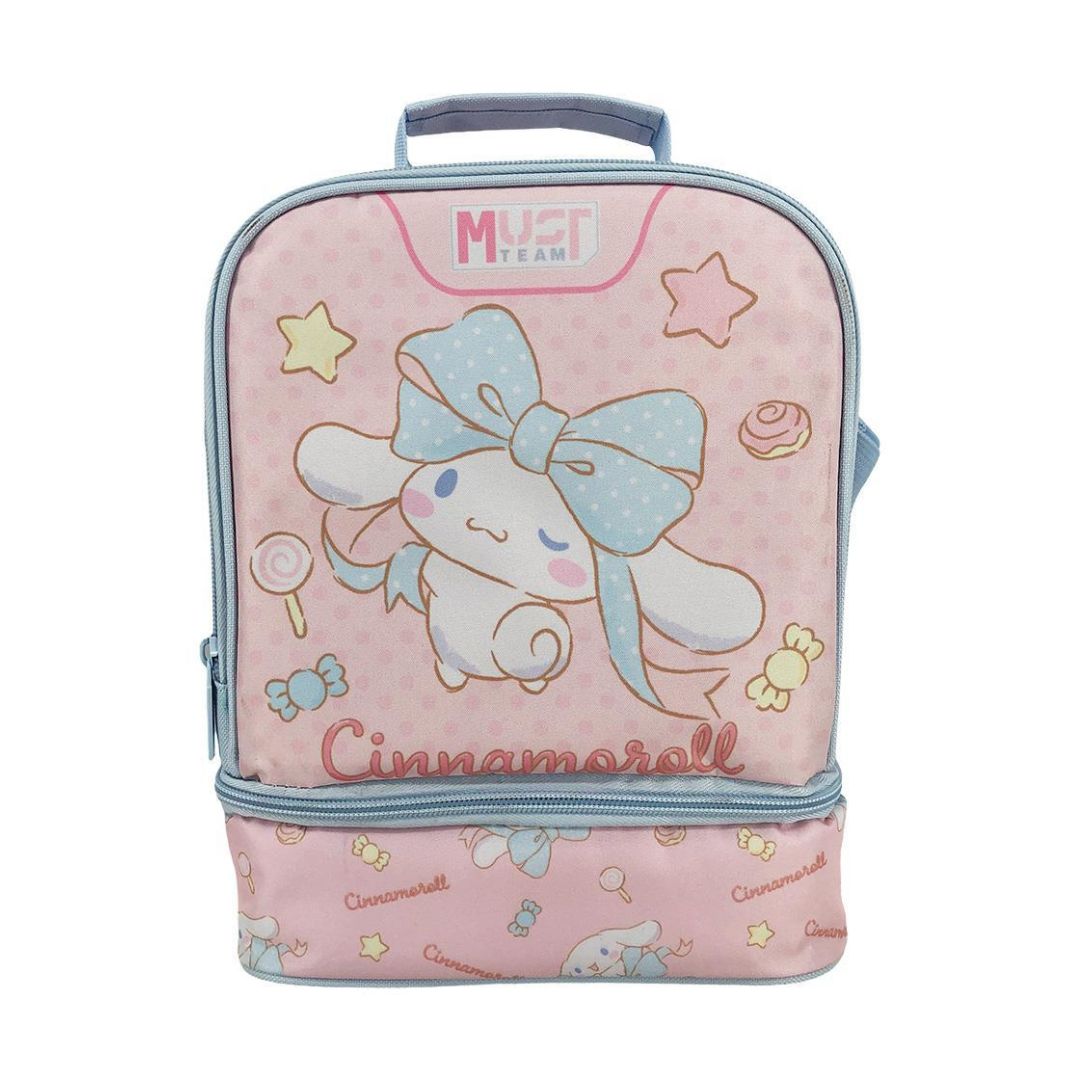 A pink Cinnamoroll lunch bag with a light blue handle and trim, featuring a large Cinnamoroll graphic with a light blue bow, stars, and candy illustrations on a white background.