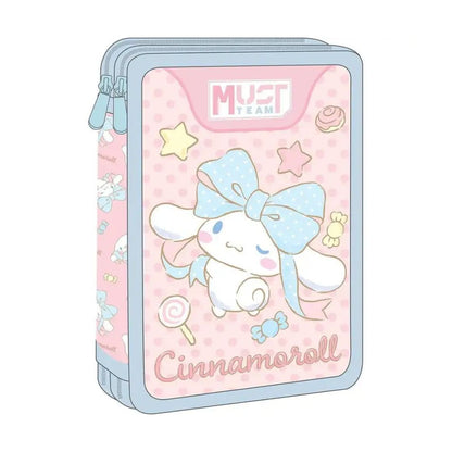 A Sanrio Cinnamoroll zippered pencil case or card file holder in pastel pink and light blue, featuring Cinnamoroll with a large blue bow, stars, and the text 'MUST TEAM' and 'Cinnamoroll' on a white background.