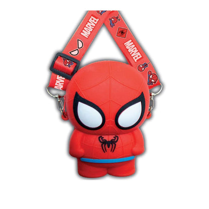 A red Spider-Man-themed character keychain bag with a matching red web strap printed with 'MARVEL' and Spider-Man graphics, shown on a plain white background.