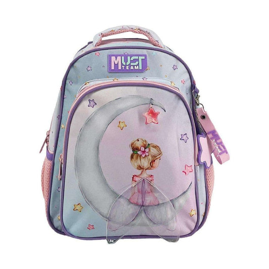 A pastel pink and purple school backpack featuring a fairy illustration on a crescent moon, with the brand name 'MUST TEAM' on the front.