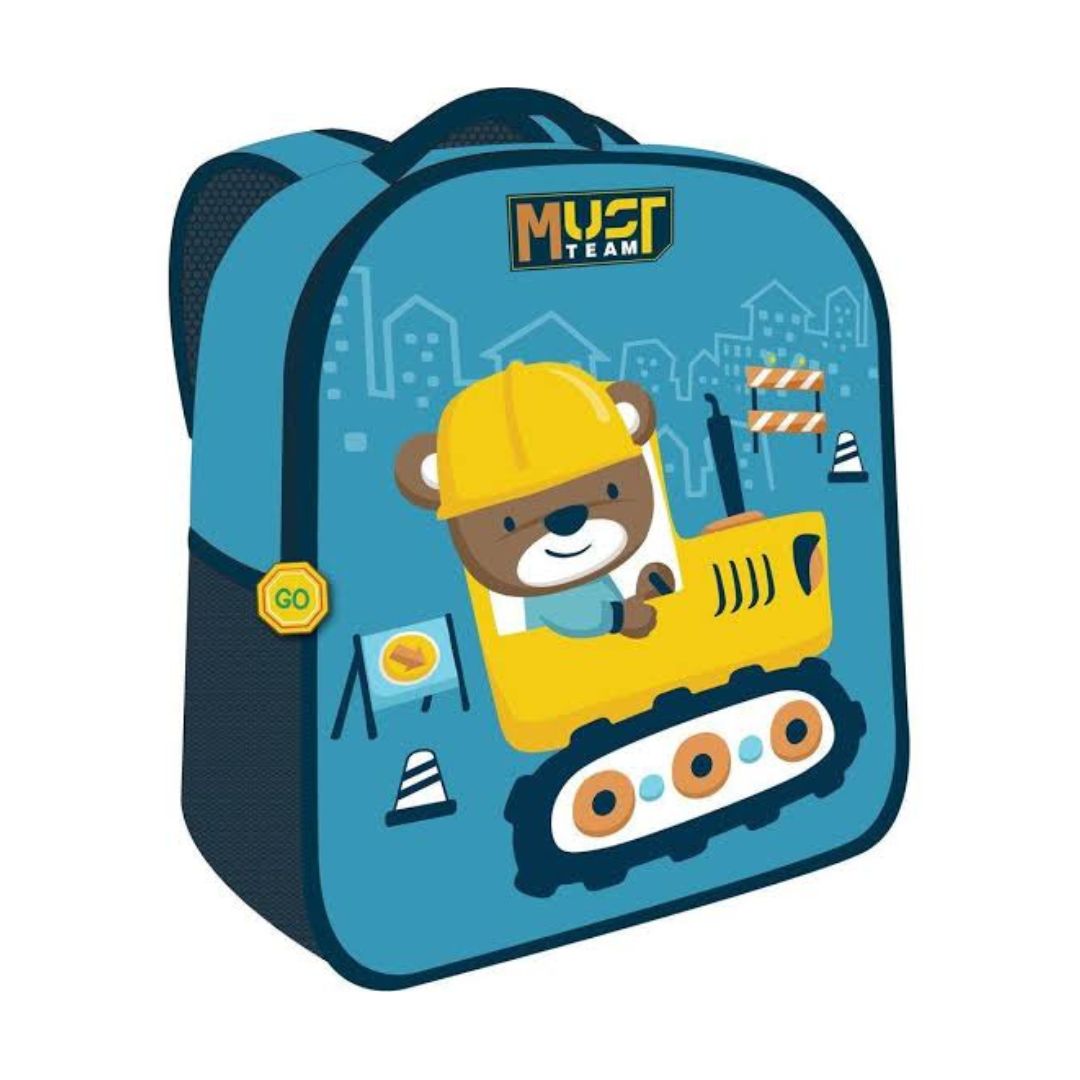 A blue school backpack featuring a cartoon construction theme with a teddy bear driving a yellow excavator. The backpack has a yellow 'MUST TEAM' logo on the top and a small yellow 'GO' badge on the side pocket, set against a plain white background.