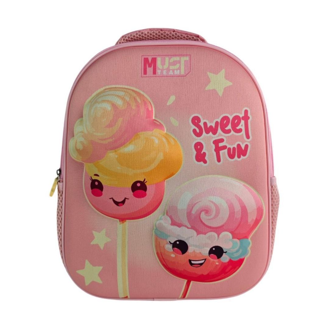 A pink school backpack featuring cartoon candy lollipops and the text 'Sweet & Fun' on a white background.