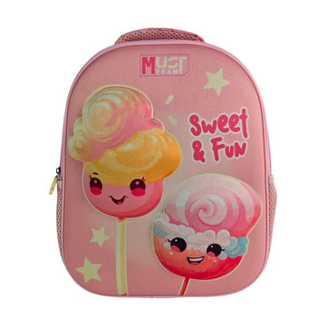 A pink school backpack featuring cartoon candy lollipops and the text 'Sweet & Fun' on a white background.
