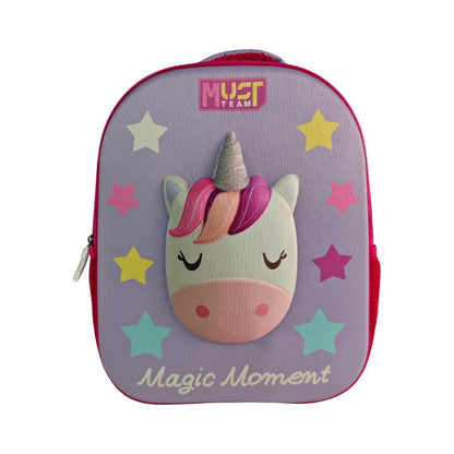A lavender purple kids' backpack featuring a 3D unicorn face on the front, surrounded by colorful star accents. The top has a pink 'MUST TEAM' logo patch, and the bottom features the text 'Magic Moment' in white script.