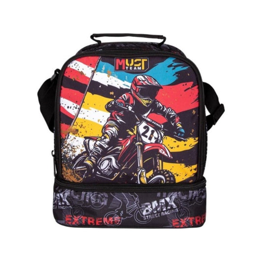 A black insulated lunch bag featuring a colorful graphic of a motocross racer on a red dirt bike, with 'MUST TEAM' printed at the top and 'STREET RACING' text on the lower compartment.
