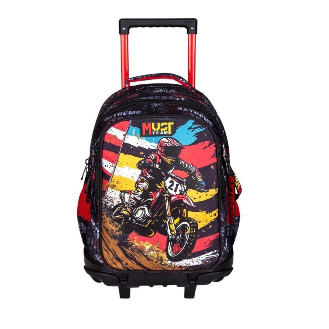 Shop the Must Team Bike 3-case school trolley backpack! Features 30L capacity, 3 spacious compartments, ergonomic spine support, and a protective wheel cover.