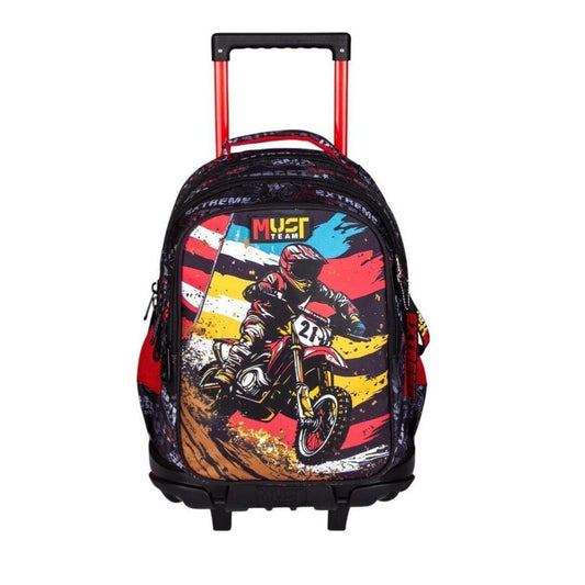 Shop the Must Team Bike 3-case school trolley backpack! Features 30L capacity, 3 spacious compartments, ergonomic spine support, and a protective wheel cover.