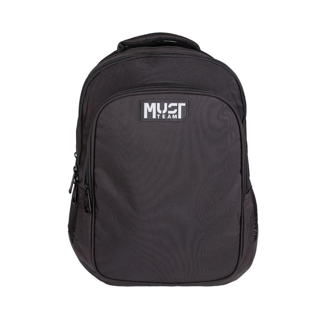 A black fabric backpack with a front zippered pocket featuring a white 'MUST TEAM' logo, shown against a plain white background.