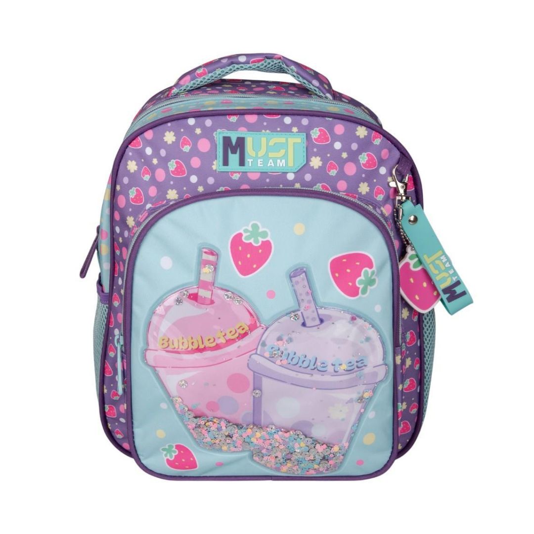 A pink and purple school lunch bag featuring a cartoon bubble tea design on the front pocket, with a 'Must Team' logo on the upper front and a matching keychain tag.