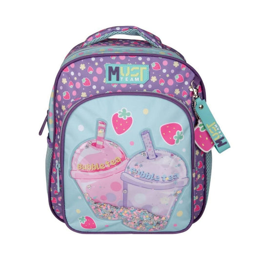A pink and purple school lunch bag featuring a cartoon bubble tea design on the front pocket, with a 'Must Team' logo on the upper front and a matching keychain tag.