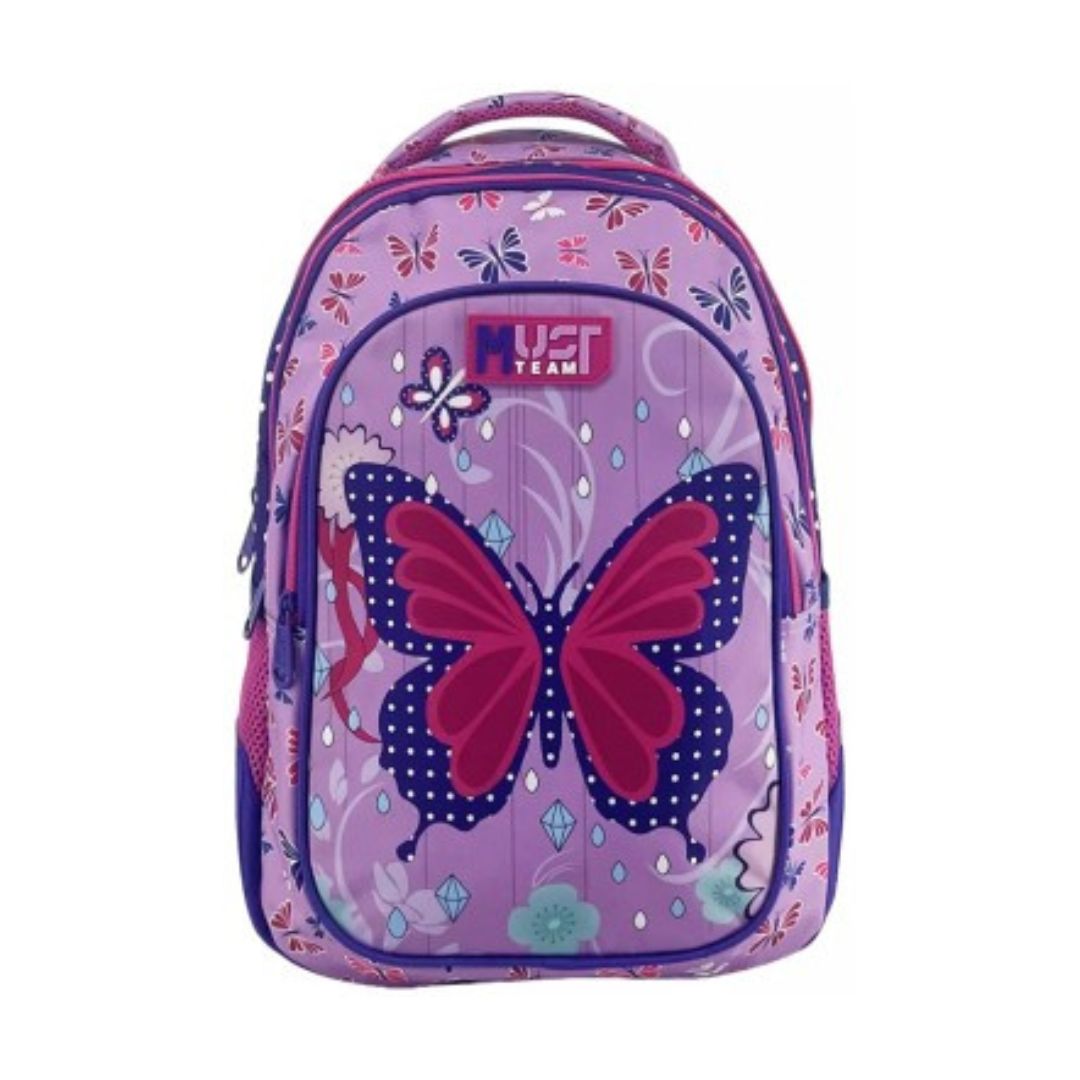 A purple and pink school backpack featuring a large pink and navy butterfly graphic on the front, with a 'JUST TEAM' logo patch near the top, set against a plain white background.