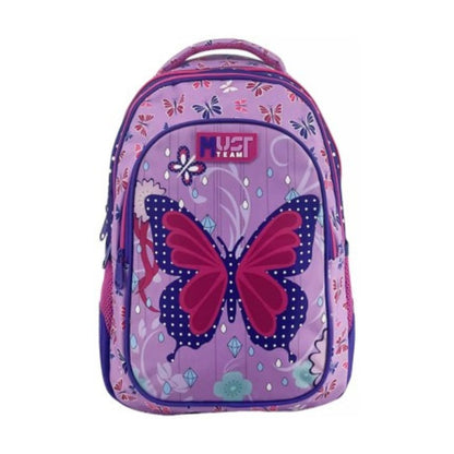 A purple and pink school backpack featuring a large pink and navy butterfly graphic on the front, with a 'JUST TEAM' logo patch near the top, set against a plain white background.