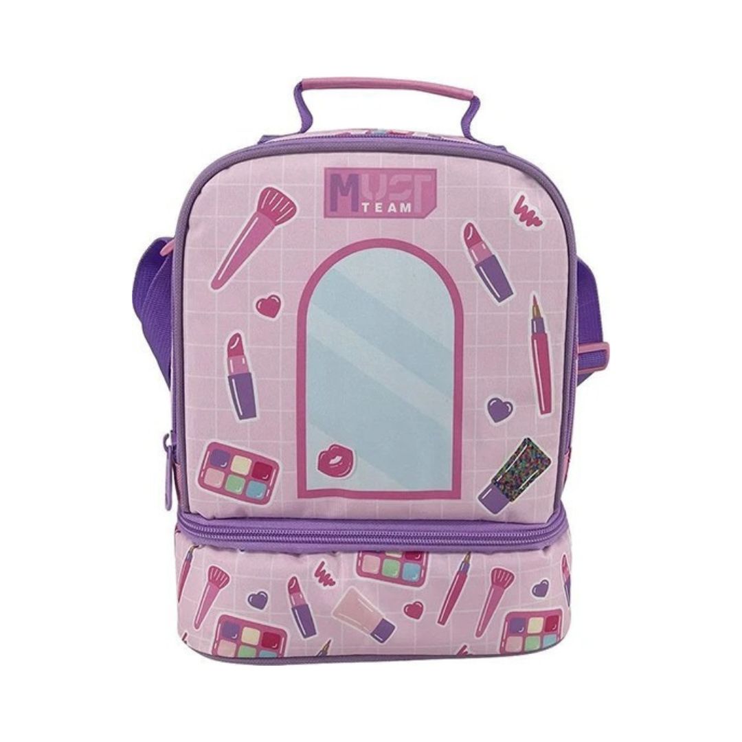 A pink and purple cosmetic-themed lunch bag with a mirror, featuring makeup illustrations and the text 'MUST TEAM'.