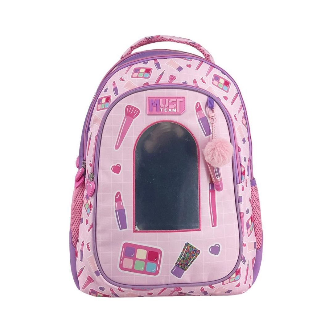 Shop the Must Team 17 Cosmetics 3-Compartment Backpack! Features chic beauty graphics, 3 zippered cases, ergonomic padded straps, and durable fabric.