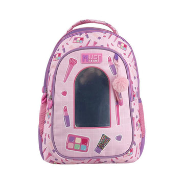 Shop the Must Team 17 Cosmetics 3-Compartment Backpack! Features chic beauty graphics, 3 zippered cases, ergonomic padded straps, and durable fabric.