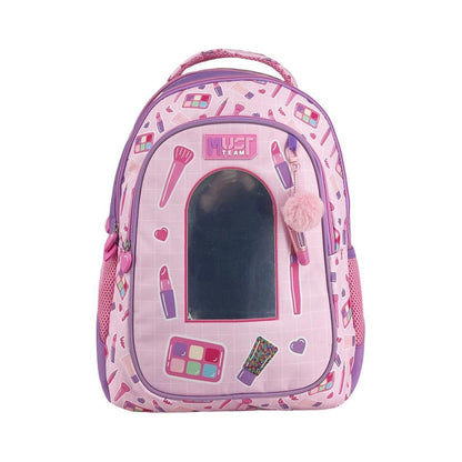Shop the Must Team 17 Cosmetics 3-Compartment Backpack! Features chic beauty graphics, 3 zippered cases, ergonomic padded straps, and durable fabric.
