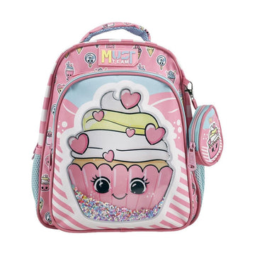 A pink children's backpack with a cupcake character graphic on the front pocket and a matching zippered pouch, shown on a plain white background.