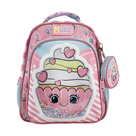A pink children's backpack with a cupcake character graphic on the front pocket and a matching zippered pouch, shown on a plain white background.