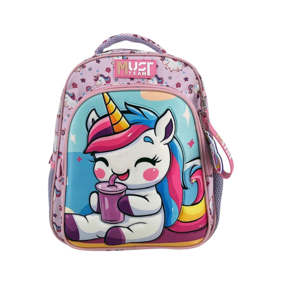 A pink school backpack featuring a cartoon unicorn graphic on the front pocket. The unicorn is white with a pink and blue mane, holding a purple drink, with a gold horn.