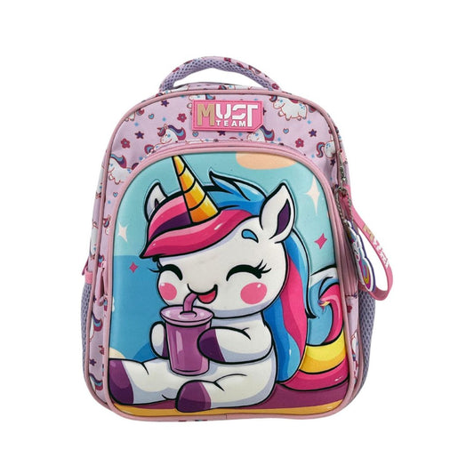 A pink school backpack featuring a cartoon unicorn graphic on the front pocket. The unicorn is white with a pink and blue mane, holding a purple drink, with a gold horn.