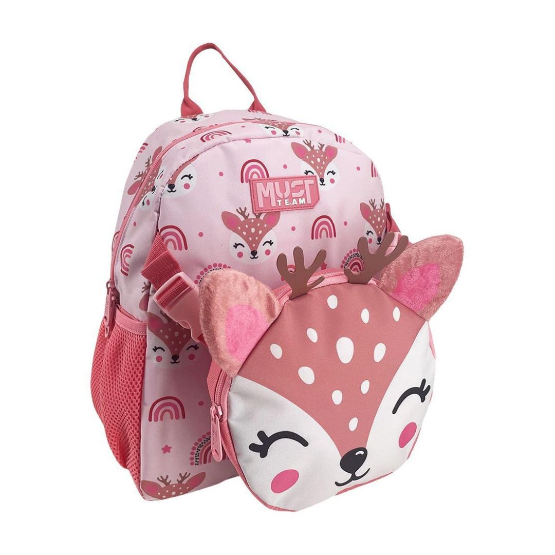 A pink children's backpack with a matching deer-themed front pouch. The backpack features a light pink background with a repeating pattern of cartoon deer, rainbows, and stars, along with a pink mesh side pocket.