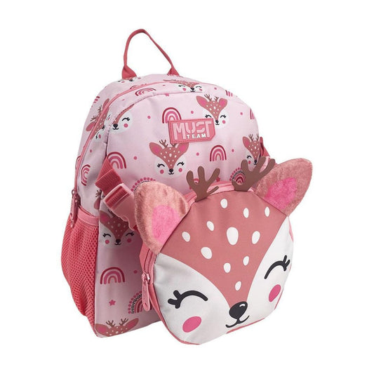 A pink children's backpack with a matching deer-themed front pouch. The backpack features a light pink background with a repeating pattern of cartoon deer, rainbows, and stars, along with a pink mesh side pocket.