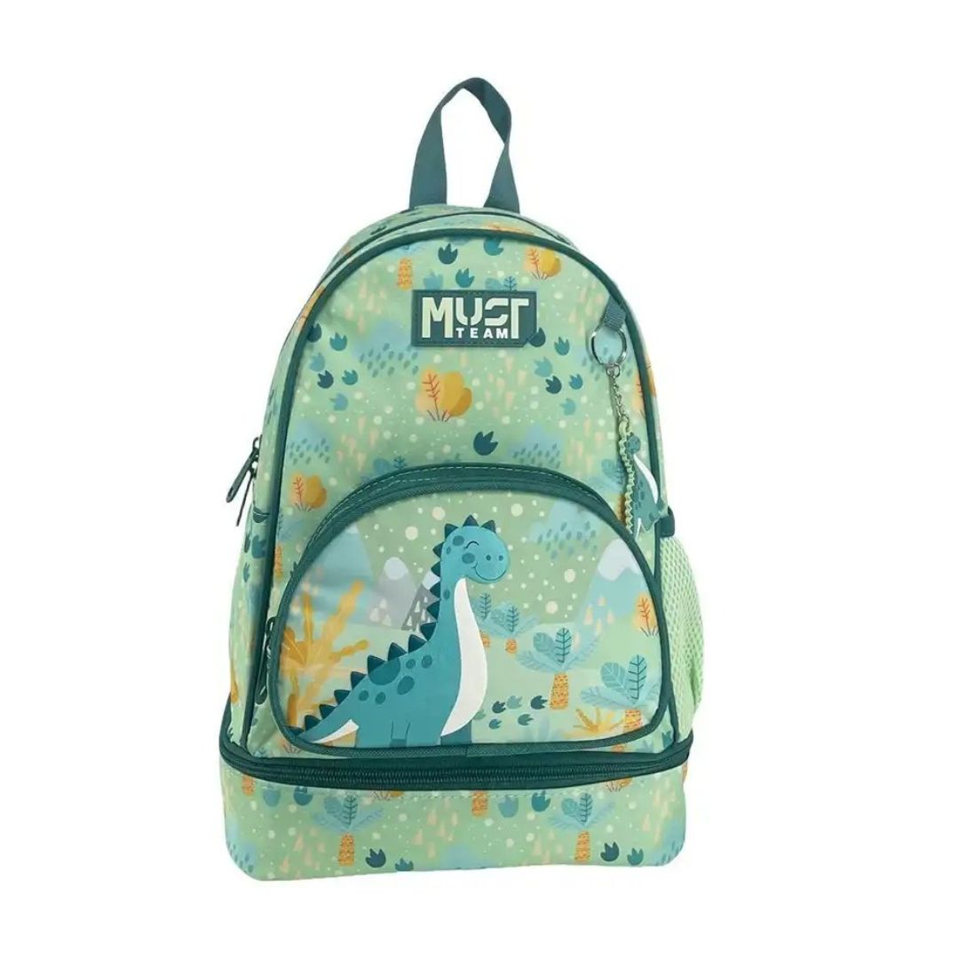 A green and blue dinosaur-themed school backpack with a front pocket, top handle, and side mesh pocket, shown on a plain white background.