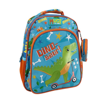 Shop the Must Team 12.5" Dinosaur on Scooter Backpack for toddlers! Ideal for daycare and preschool featuring padded straps, side bottle pocket, and cute dino graphics.